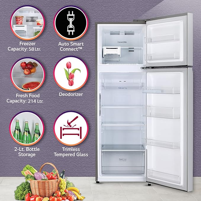 LG 272 L 3 Star Frost-Free Smart Inverter Wi-Fi Double Door Refrigerator GL-T312TPZX Shiny Steel Convertible  Door Cooling Gross Volume  289 Ltr.