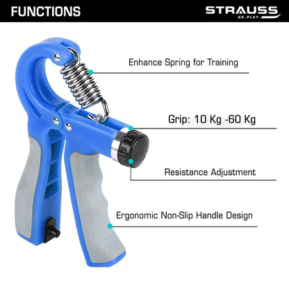 Strauss Adjustable Hand Grip with Counter, 10KG-60KG Resistance, Ideal for Forearm & Hand Exercises, Strength Building for Men & Women, Blue