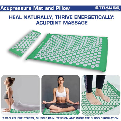 STRAUSS Pain Relief Acupressure Mat with Pillow for Yoga, Muscle Relaxation, Sciatica, Blood Circulation, 68x42x2 CM, Green