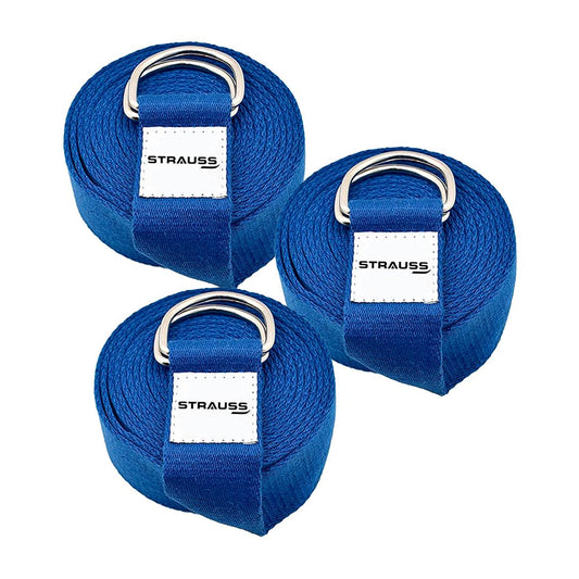 Strauss Yoga Strap, 8ft, Blue, Pack of 3 - Ideal for Yoga, Pilates, Therapy, Dance, Gymnastics. Thicker belt with adjustable metal D-ring buckle.