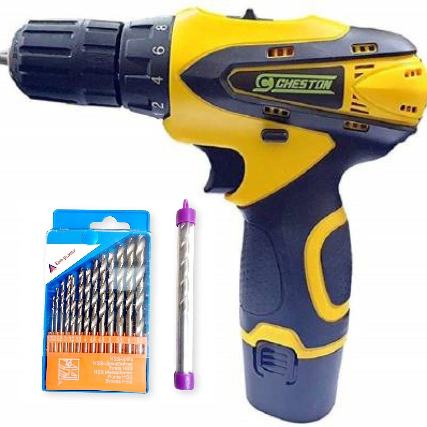 Cheston 10 mm Dual Speed Keyless Chuck 12V Cordless DrillScrewdriver with LED Torch Variable Speed. rpm 0-350 1350