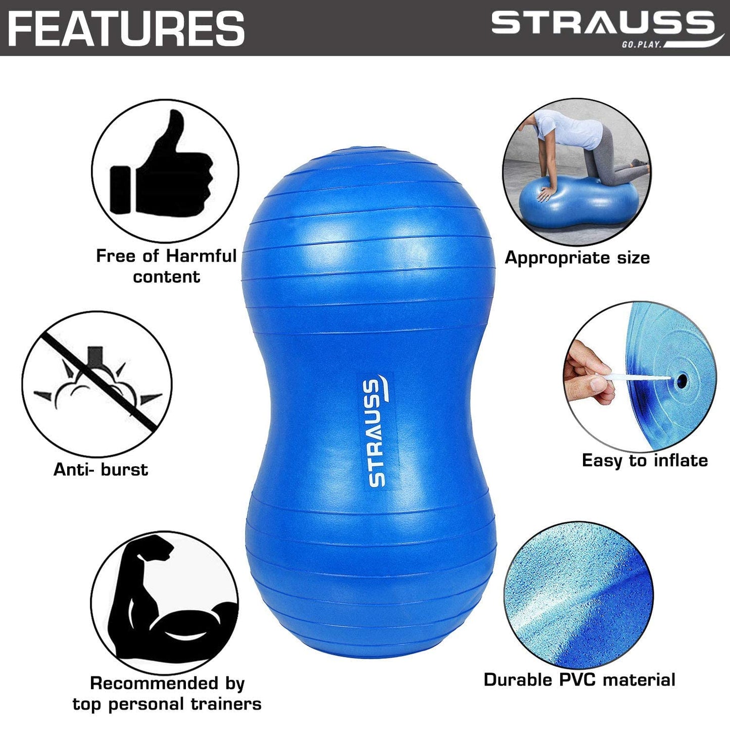 STRAUSS Anti-Burst Peanut Shape Gym Ball with Free Foot Pump, 95x45 cm, Blue. Ideal for Exercise, Yoga, Pregnancy, Balance.