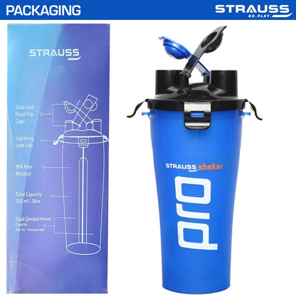 STRAUSS Dual Shaker Pro 700ml, Leakproof, BPA-Free, for Protein Shakes, Gym Use, Men & Women, Blue.