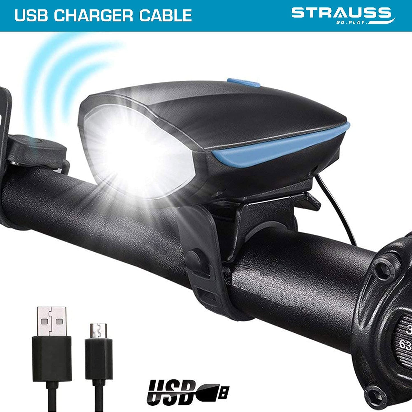 Strauss Bicycle LED Headlight with Horn, Rechargeable, Adjustable, 2-in-1 Device, Blue