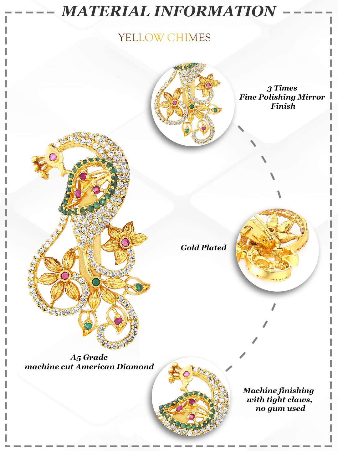 Yellow Chimes Brooch for Women Classic ADAmerican Diamond Brooch Pin Peacock Design Gold Plated Bridal Saree Pin for Women and Girls