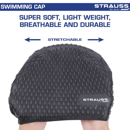 Strauss Swim Cap: Keeps hair clean, ear protector, breathable, waterproof, for kids, boys, girls, long/short hair, black.