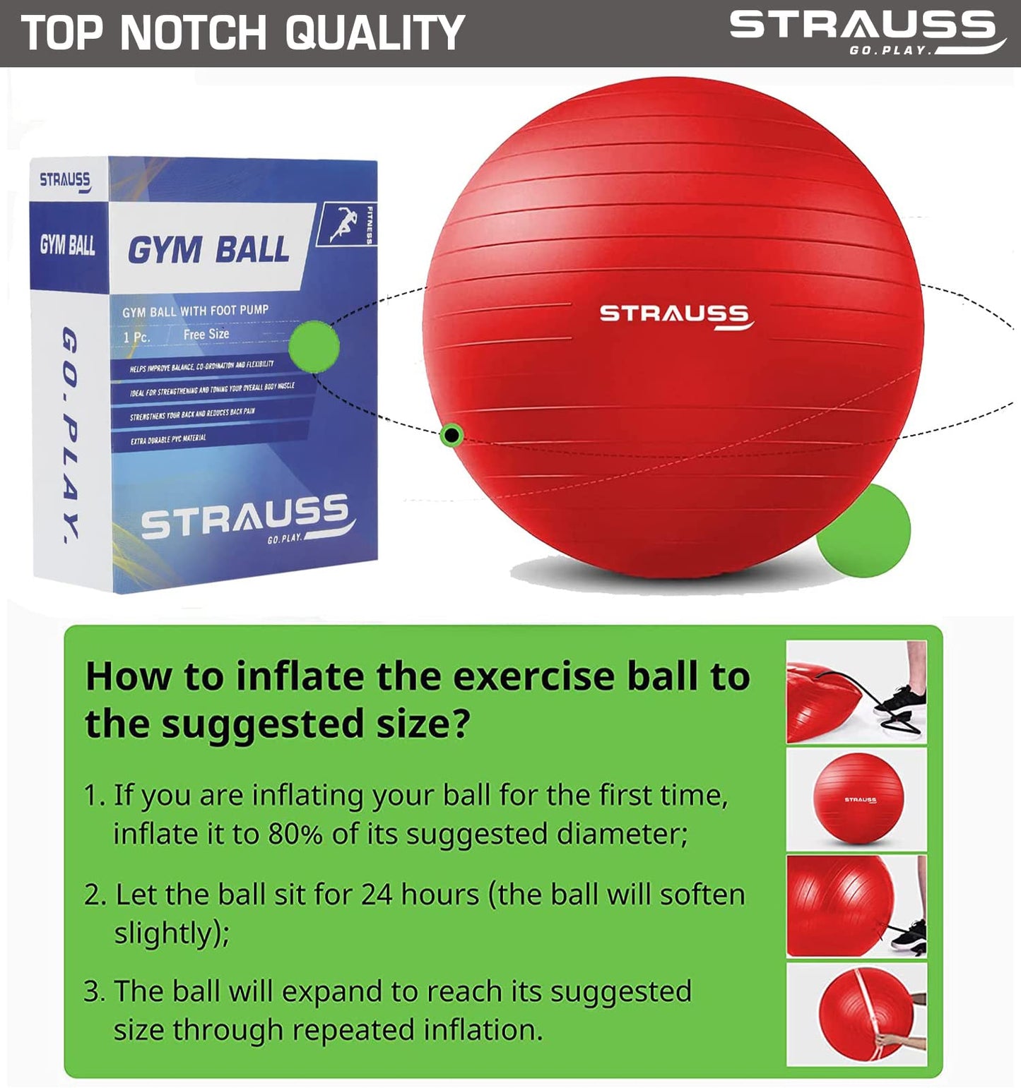 STRAUSS 85cm Anti-Burst Gym Ball with Free Foot Pump for Exercise, Yoga, Pregnancy, Balance, Stability - Red