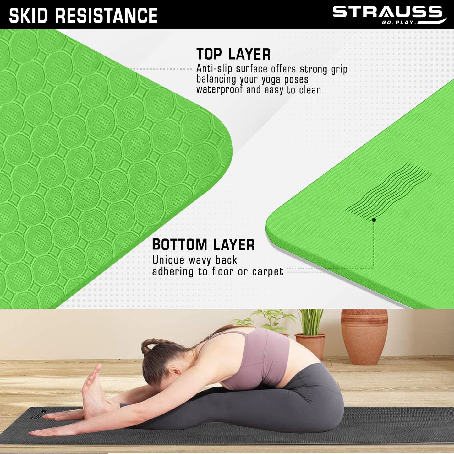 Strauss Anti Skid TPE Yoga Mat with Carry Strap 4mm Green