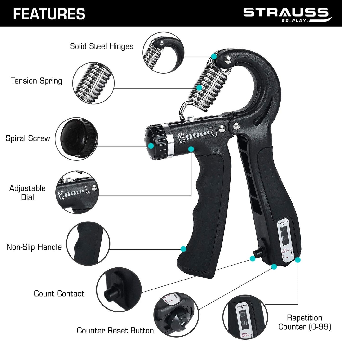 Strauss Adjustable Hand Grip with Counter, 5KG-60KG Resistance, Ideal for Forearm & Hand Exercises, Strength Building for Men & Women, Black