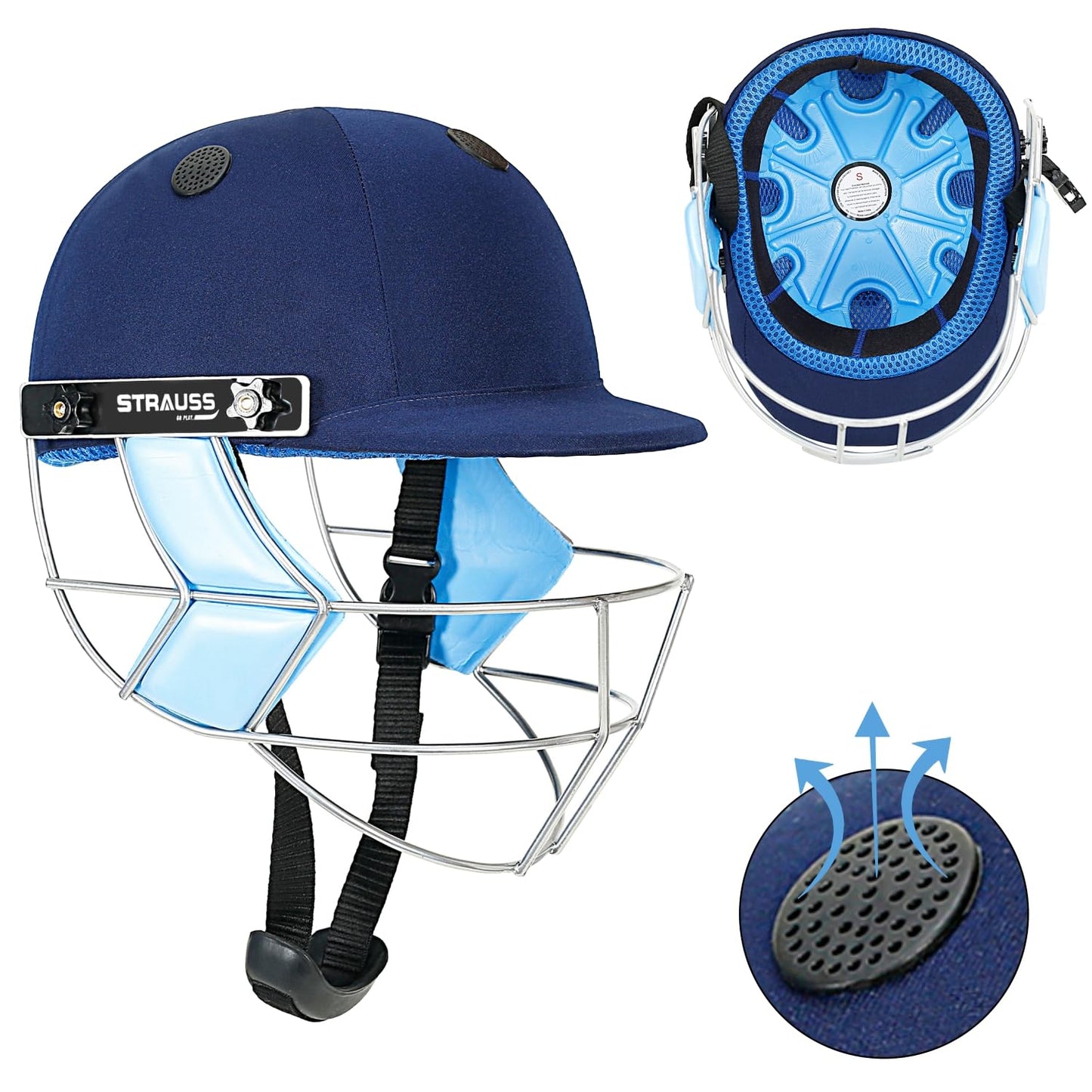 Strauss Cricket Helmet, Steel Grill, Medium, Age 15+, Blue, Men/Women, Lightweight, Advanced Protection, Leather Ball.