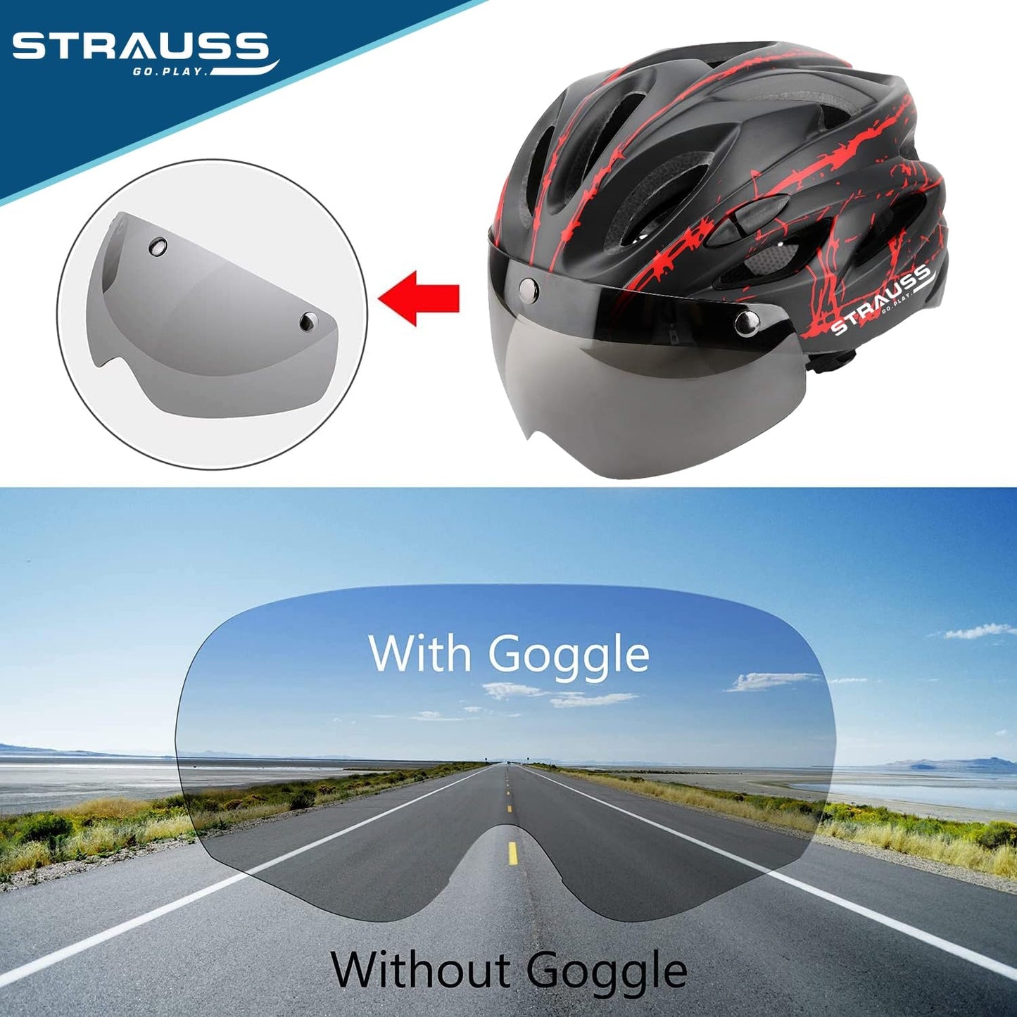 Strauss Cycling Helmet with Magnetic Goggles, Lightweight, Superior Ventilation, Adjustable Strap, Ideal for Men and Women, Red/Black.