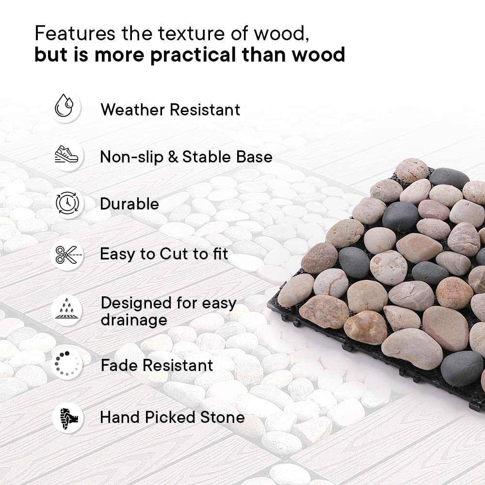 Cheston Interlocking Pebble Floor Tiles, Weather & Water Resistant, 12x12, Set of 8, Multi-colour Stones, Indoor/Outdoor.