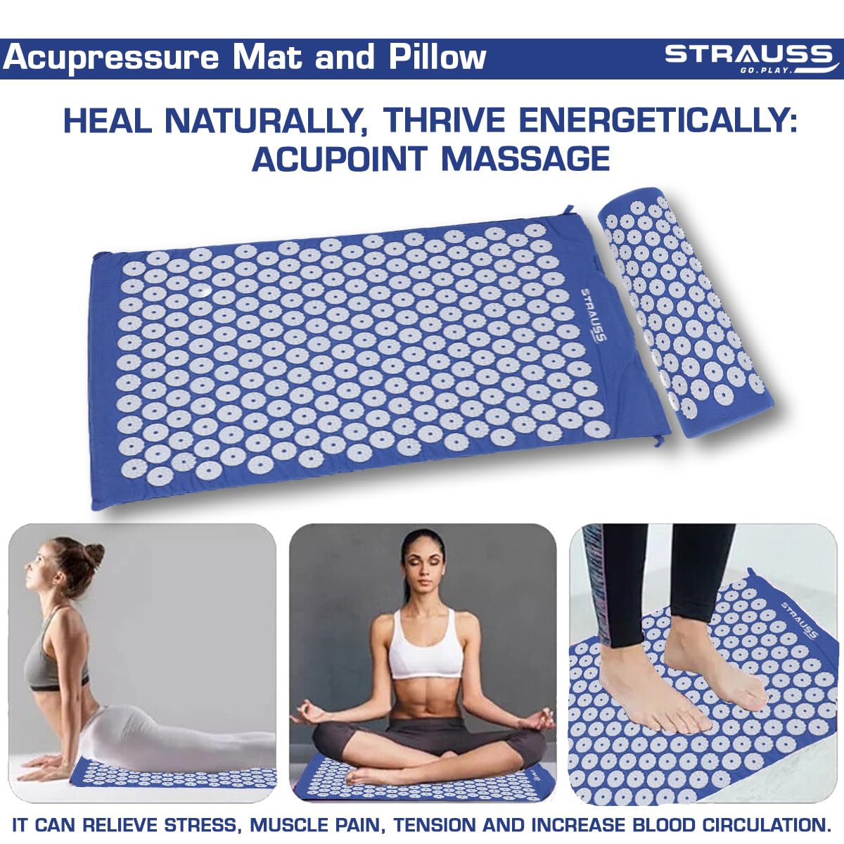 STRAUSS Acupressure Mat & Pillow for Pain Relief, Muscle Relaxation, Sciatica, Blood Circulation, 68x42x2 cm, Sky Blue