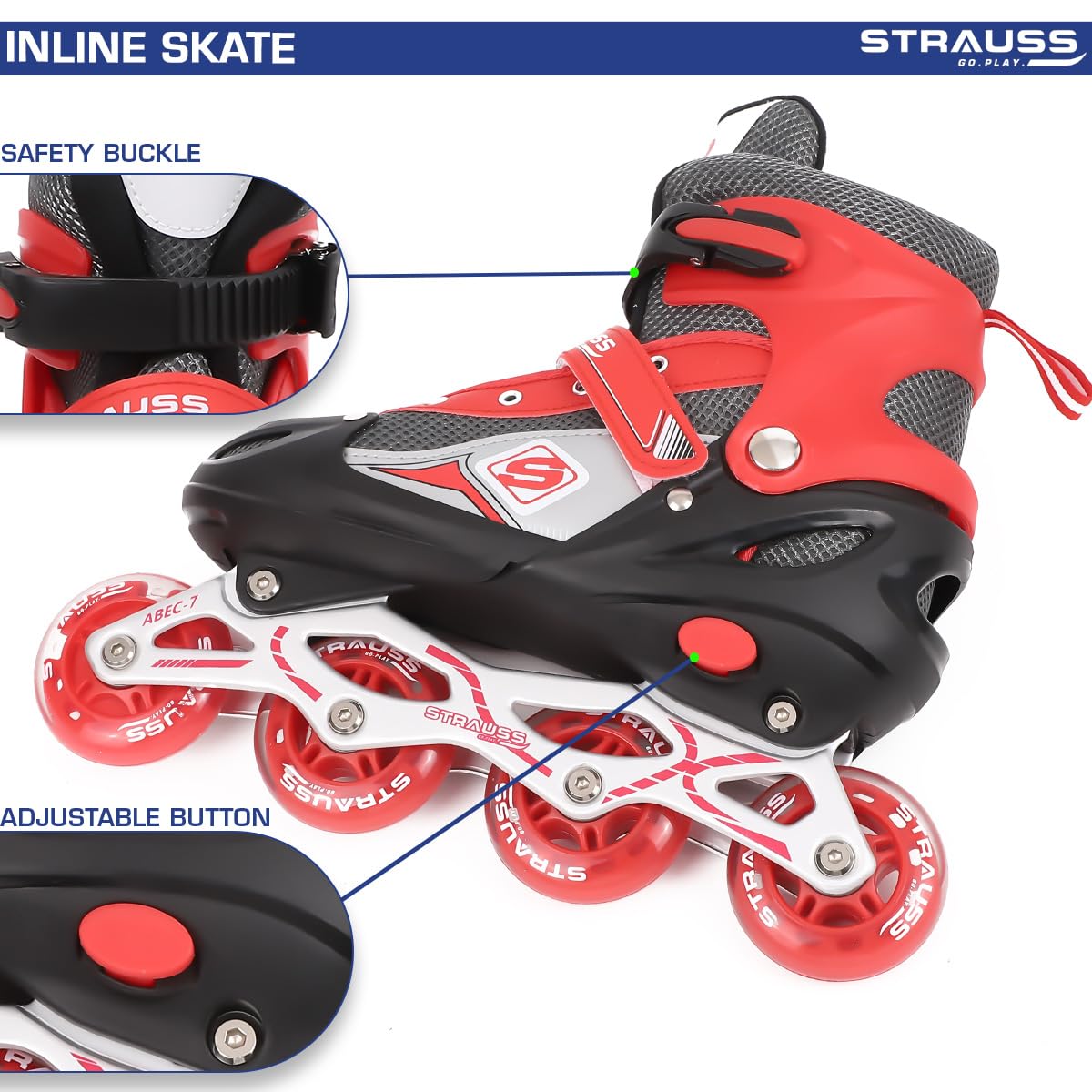 STRAUSS Vortex Adjustable Inline Skates for Boys & Girls, 4 Wheels, Beginner-Friendly, Enhanced Stability, Size L, Red