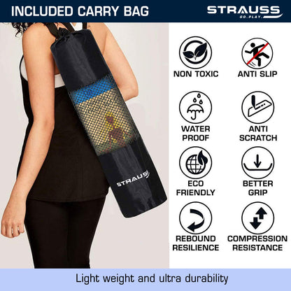 Strauss Yoga Mats for Women  Eco-Friendly mat for Men  Exercise mat for Home Workout Pilates Gym mat Anti Slip Fitness mat  Yoga Mat for Kids Cushioned Yoga mat with Carry Bag 6mm Blue