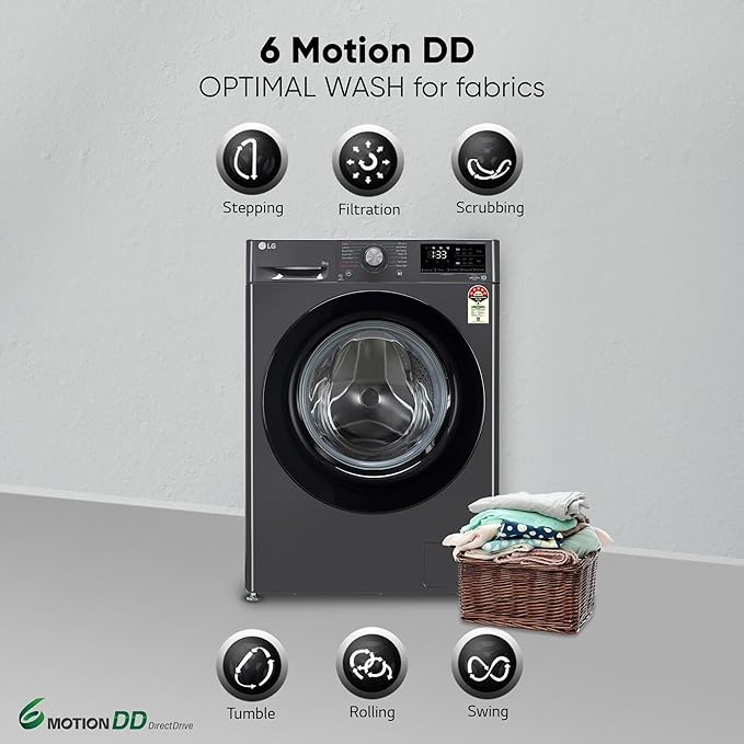 LG 8Kg 5 Star AI Direct Drive Front Load Washing Machine, Steam, 6 Motion DD, Allergy Care, Middle Black