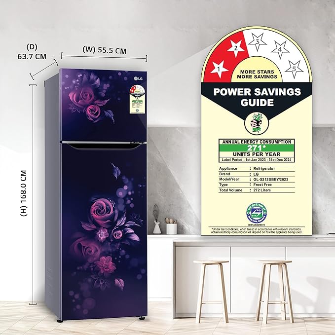 LG 272 L 2 Star Frost-Free Smart Inverter Double Door Refrigerator Appliance 2023 Model GL-S312SBEY Blue Euphoria Convertible