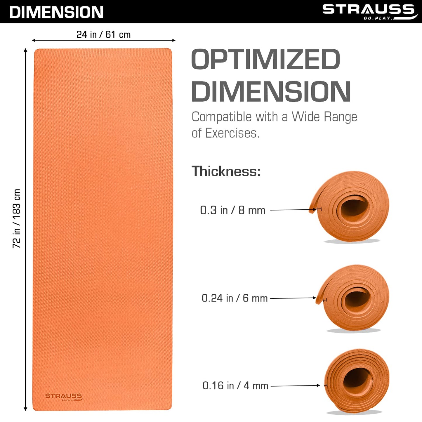 Strauss Anti Skid EVA Yoga Mat with Carry Strap 4mm Orange