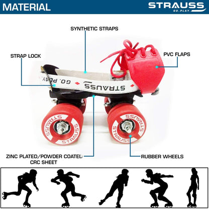 STRAUSS Tenacity Roller Skates for Kids, Adjustable Size, 4 Wheels, Indoor/Outdoor, Ages 6-8, Black