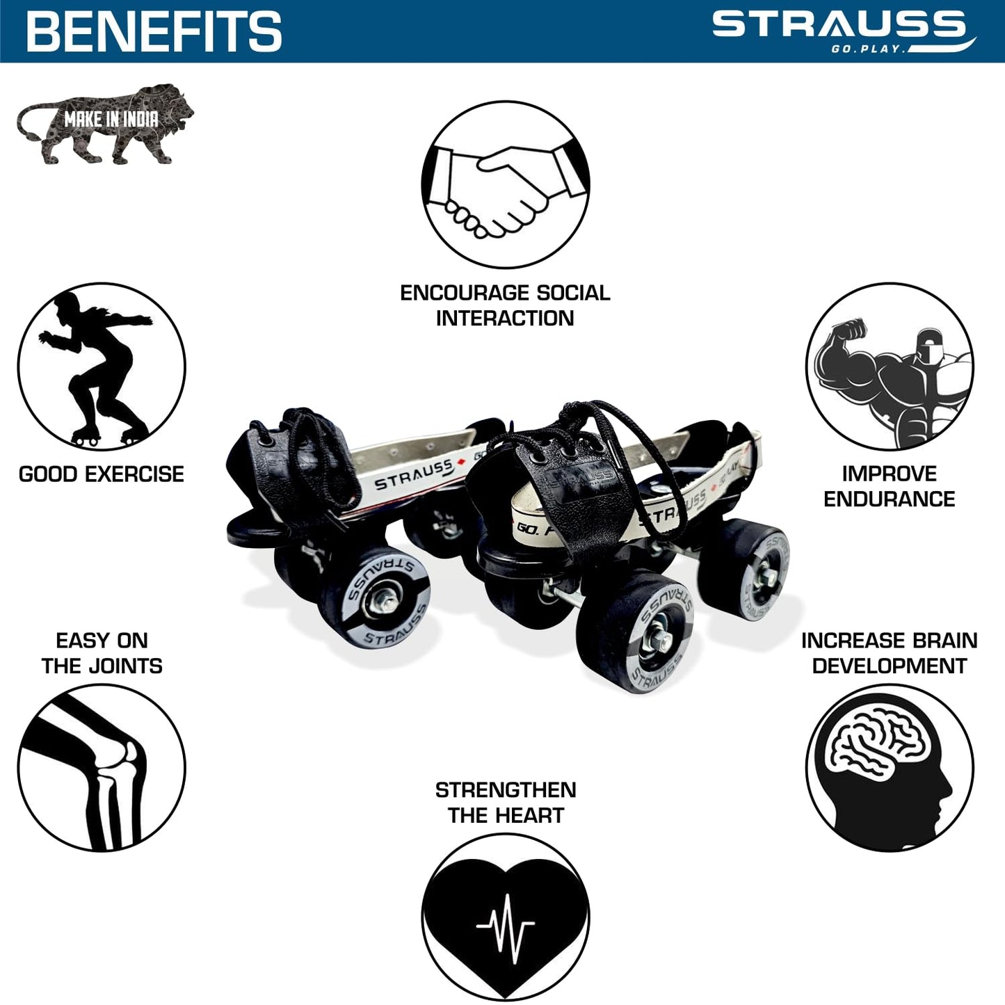 STRAUSS Unisex Senior Tenacity Roller Skates, Adjustable Size, Indoor/Outdoor, for Ages 6+, Weight Capacity 80kg, Black