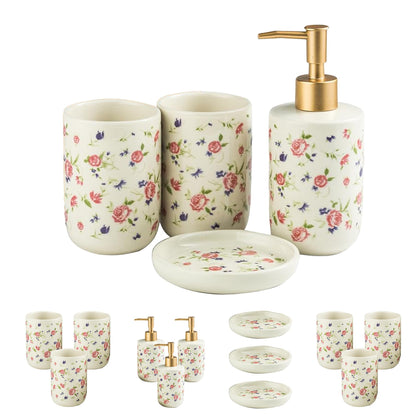 The Better Home Ceramic Bathroom Accessories Set: Liquid Soap Dispenser, Toothbrush Holder, Soap Holder, Bathroom Organizer - White Floral.