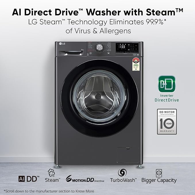 LG 8Kg 5 Star AI Direct Drive Front Load Washing Machine, Steam, 6 Motion DD, Allergy Care, Middle Black