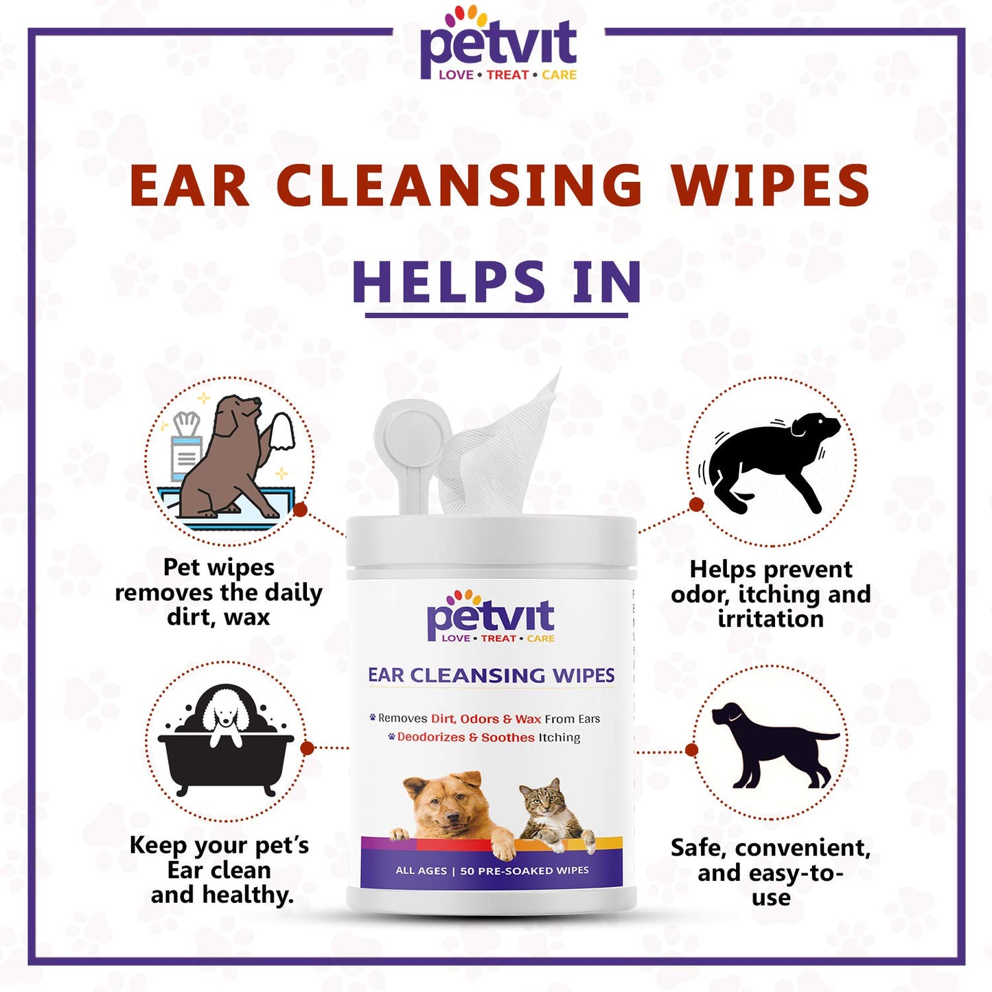 Petvit Dog Wipes for cleaning Ear  Wet Wipes for Dog - Cleans Ears  Face  Dog Wet Wipes for grooming  Pack of 1  50 Count