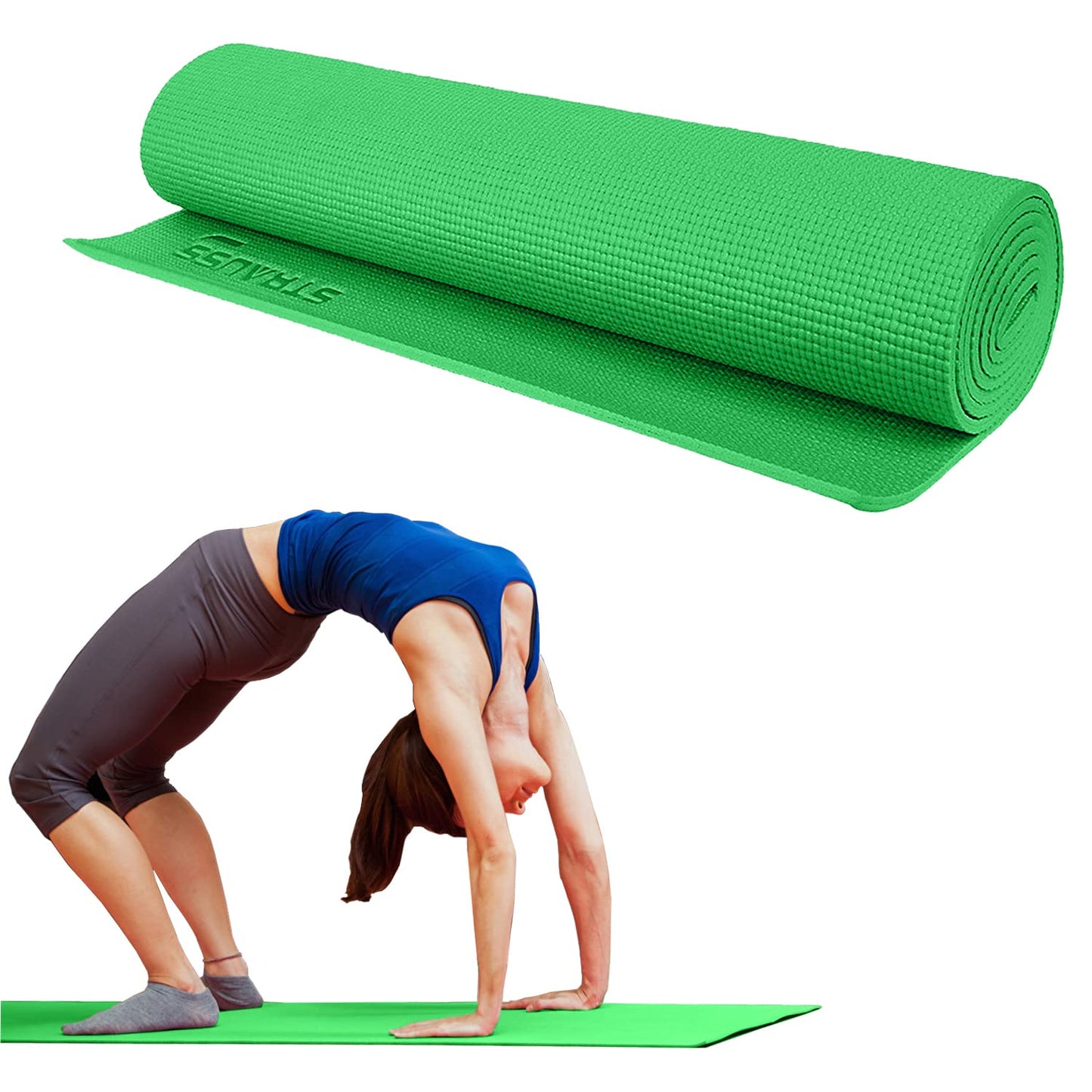 STRAUSS Yoga Mat with Carry Bag  Anti-Slip Exercise Mat for Women  Men  Home Gym Workout Yoga Pilates  Eco-friendly  Non-Slip Surface  Lightweight  Durable  6mm Green