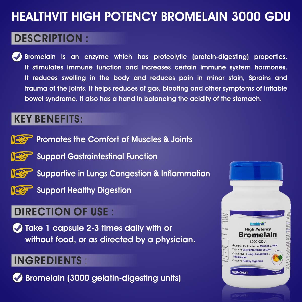 Healthvit Bromelain 3000 GDU, 500 mg, 60 Capsules: Supports Digestion, Bruises, Immune System.