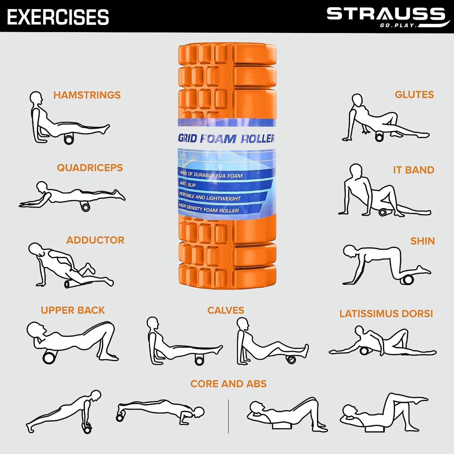 Strauss Deep Tissue Massage Foam Roller 45 cm Orange