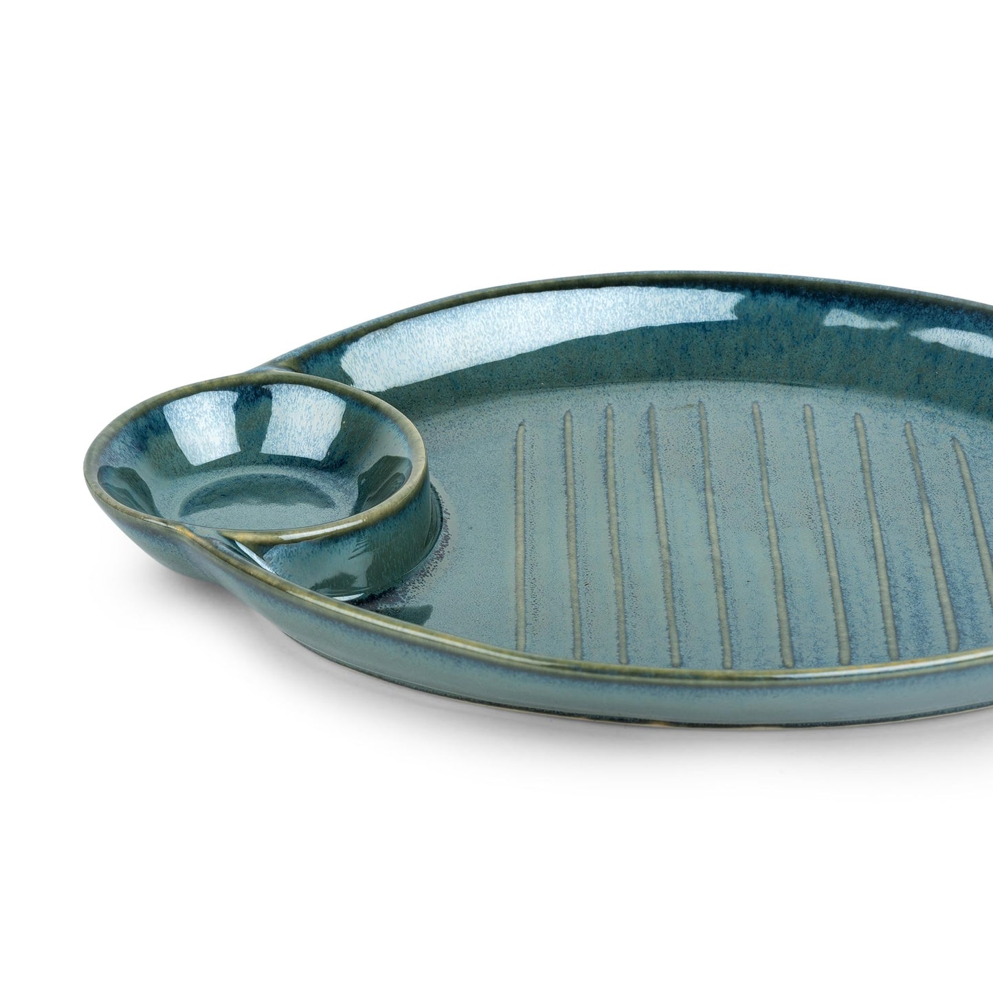 The Better Home Terra Series Ceramic Snack Tray with Dip Bowl, 13" Serving Platter, Microwave Safe, Green.