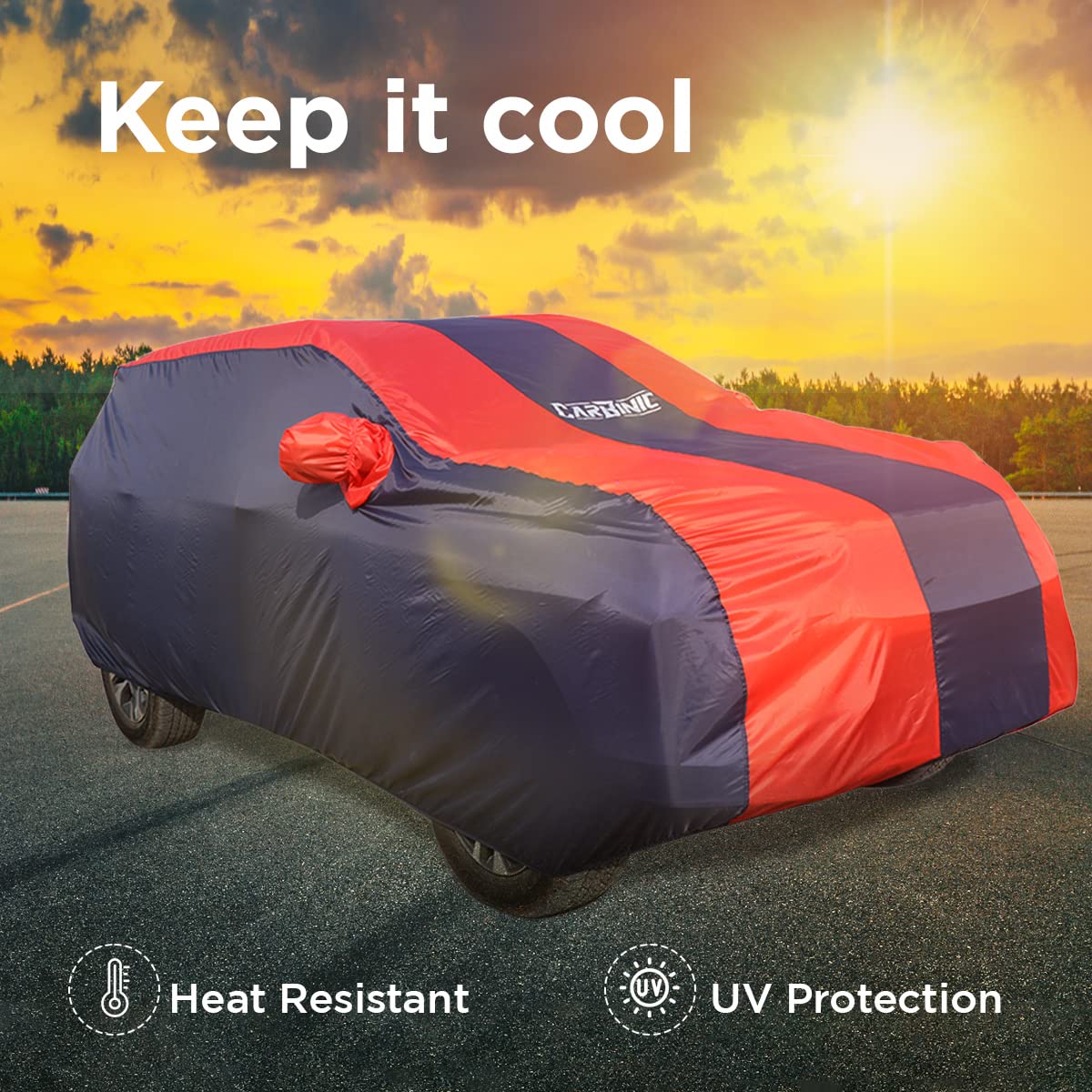 CARBINIC Car Body Cover for Maruti Brezza 2022: Water Resistant, UV Protection, Scratchproof, Dustproof, All-Weather, Blue Red.