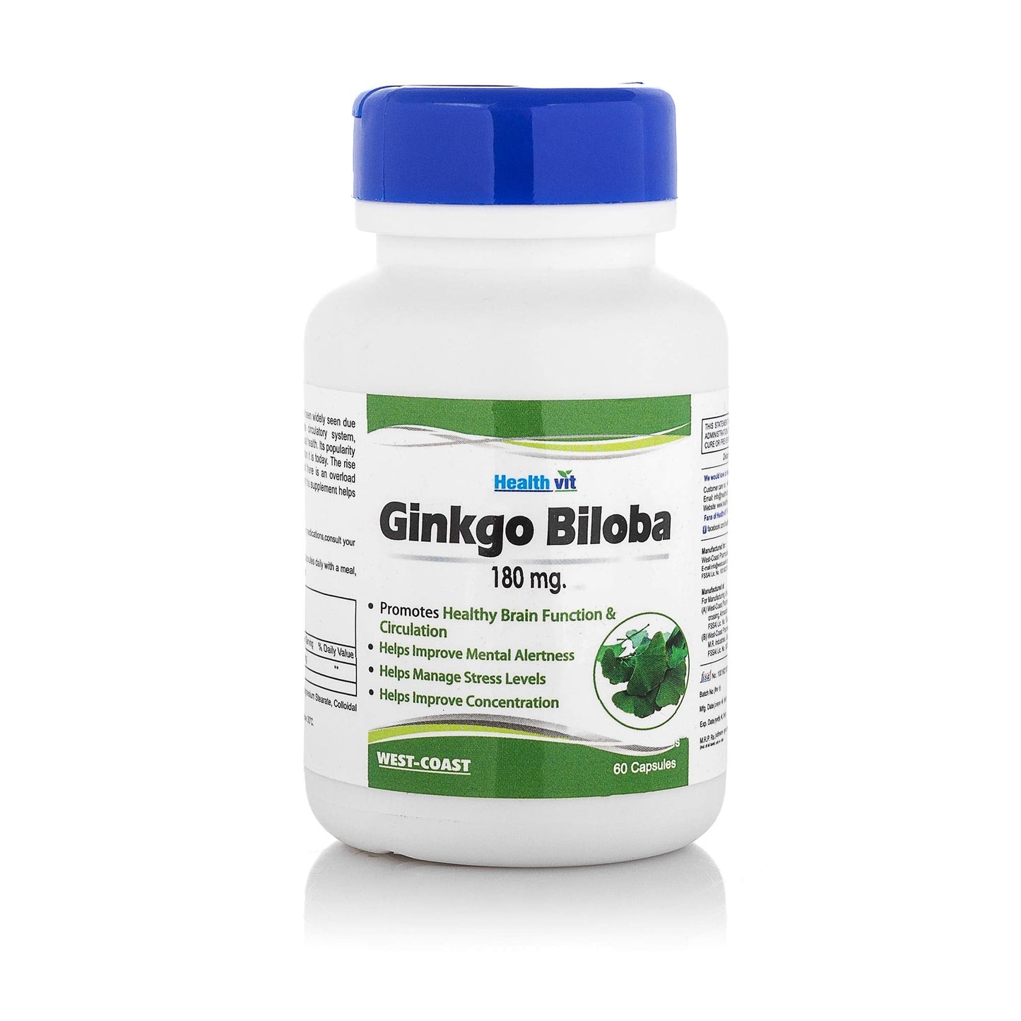 Healthvit Ginkgo Biloba 180mg For Healthy Brain Function  Manage Stress Levels  Improve Mental Alertness  Improve Concentration - 60 Capsules