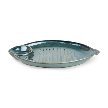 The Better Home Terra Series Ceramic Snack Tray with Dip Bowl, 13" Serving Platter, Microwave Safe, Green.