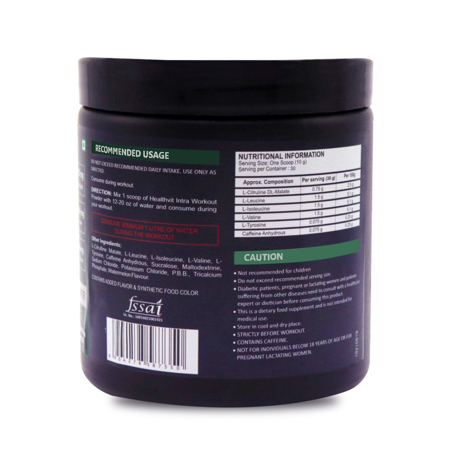 Healthvit Fitness Intra Workout Powder: L-Citrulline Malate 750mg, BCAAs 4.59mg, Tyrosine 75mg, L-Leucine 1.5g, L-Isoleucine 1.5g, 300gm.