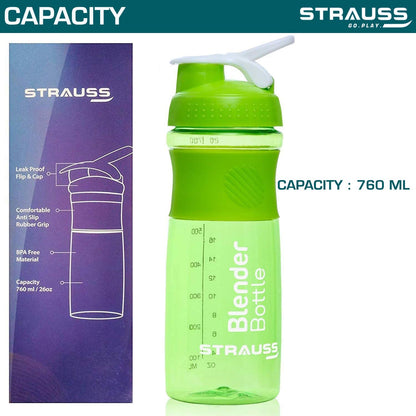 STRAUSS Leakproof Shaker Bottle for Protein Shakes, Pre-workout, BCAA, Gym, BPA-Free, 760 ML, Green. Ideal for Men and Women.