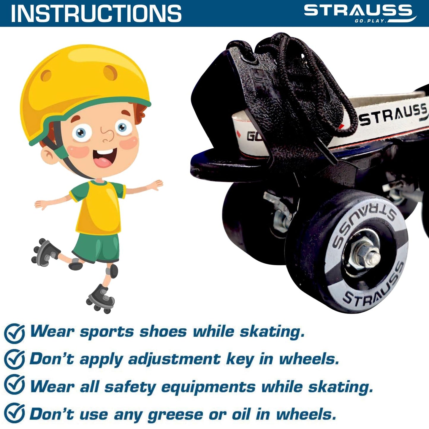 STRAUSS Unisex Senior Tenacity Roller Skates, Adjustable Size, Indoor/Outdoor, for Ages 6+, Weight Capacity 80kg, Black