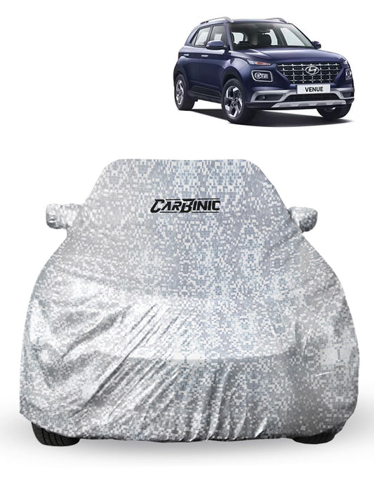 CARBINIC Car Cover for Hyundai Venue2019 Waterproof Tested and Dustproof Custom Fit UV Heat Resistant Outdoor Protection with Triple Stitched Fully Elastic Surface  Silver with Pockets