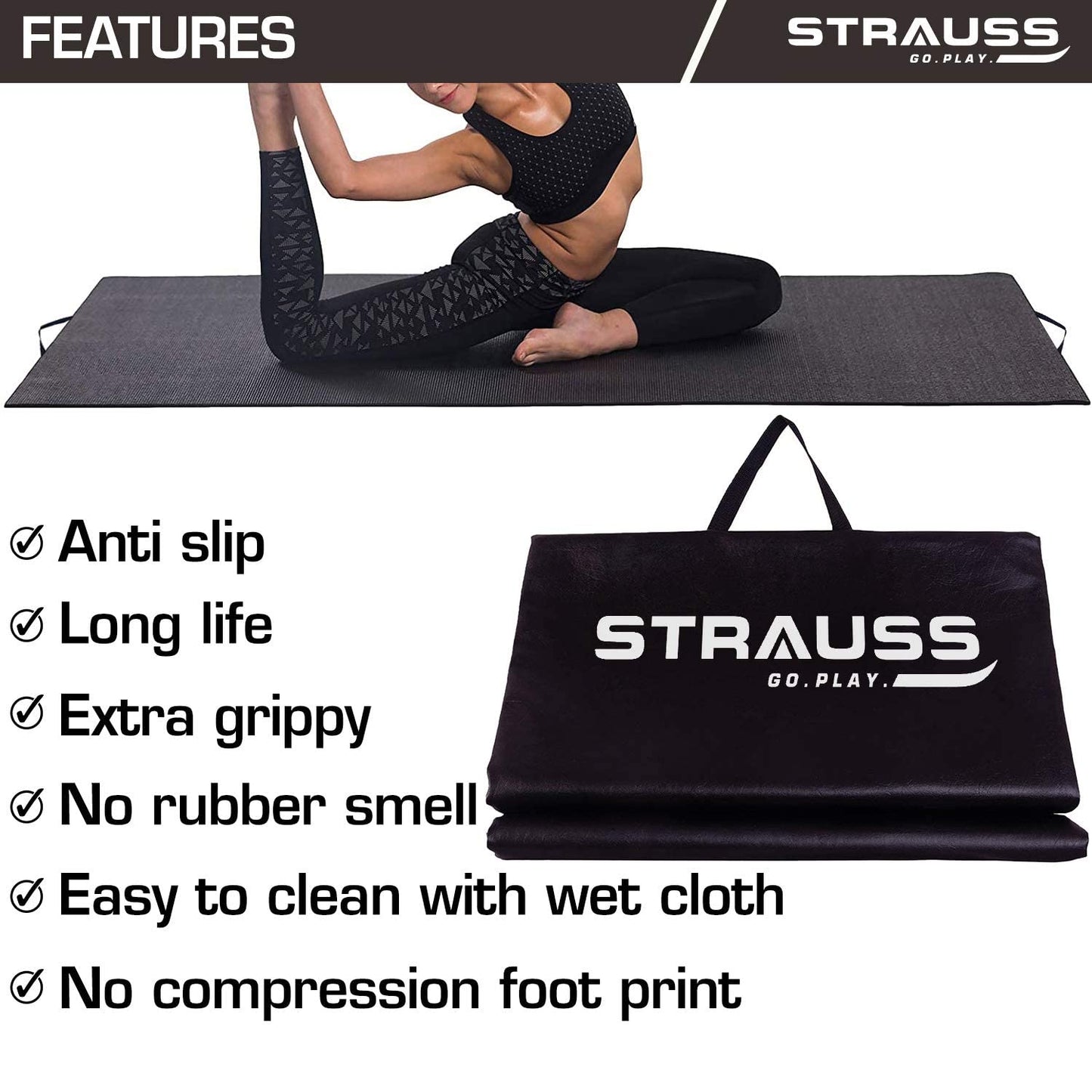 Strauss 10mm Yoga Mat for Gym, Home, Meditation, Fitness, Exercise. Foldable with Carrying Strap. Brown.