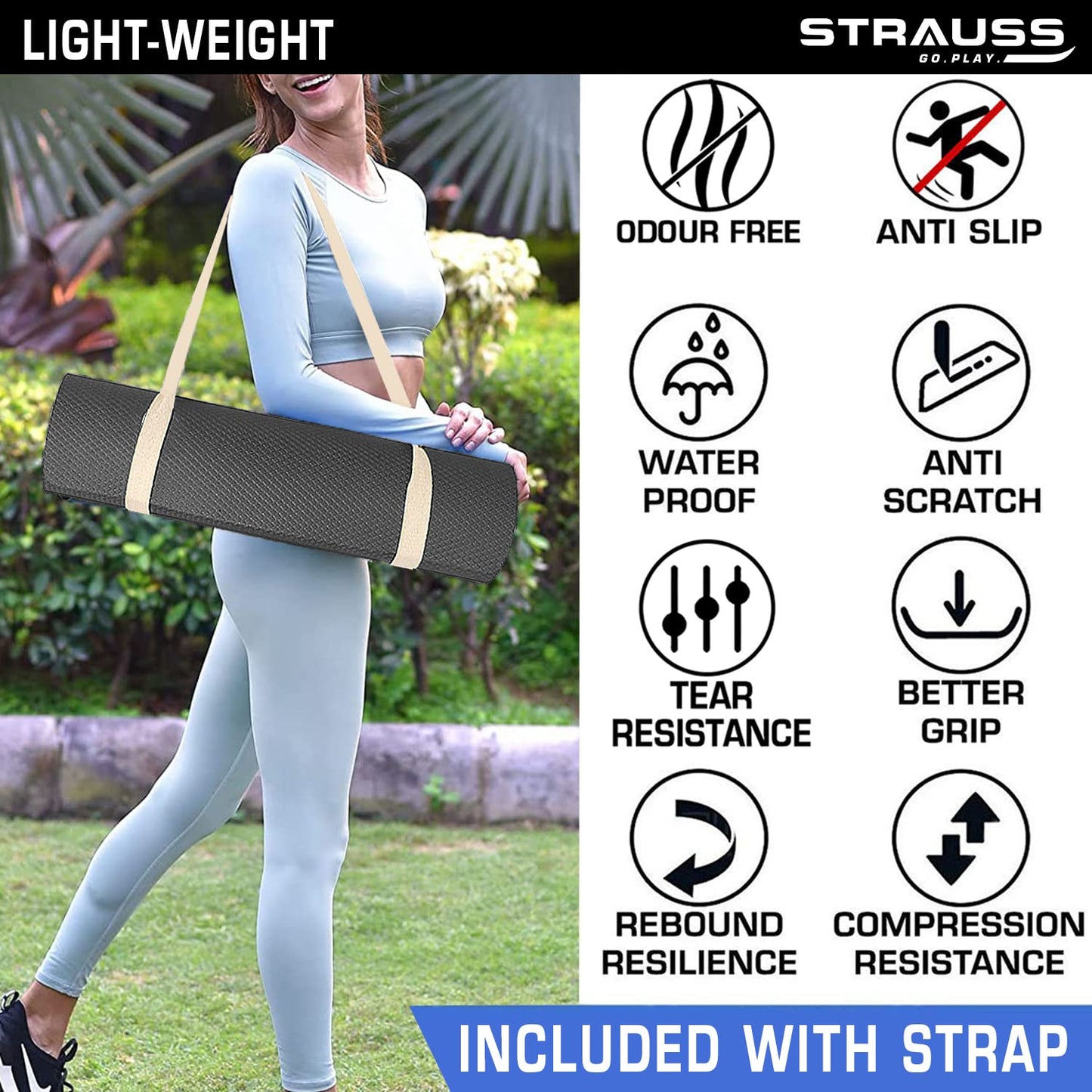 Strauss Anti Skid EVA Yoga Mat with Carry Strap 4mm Black