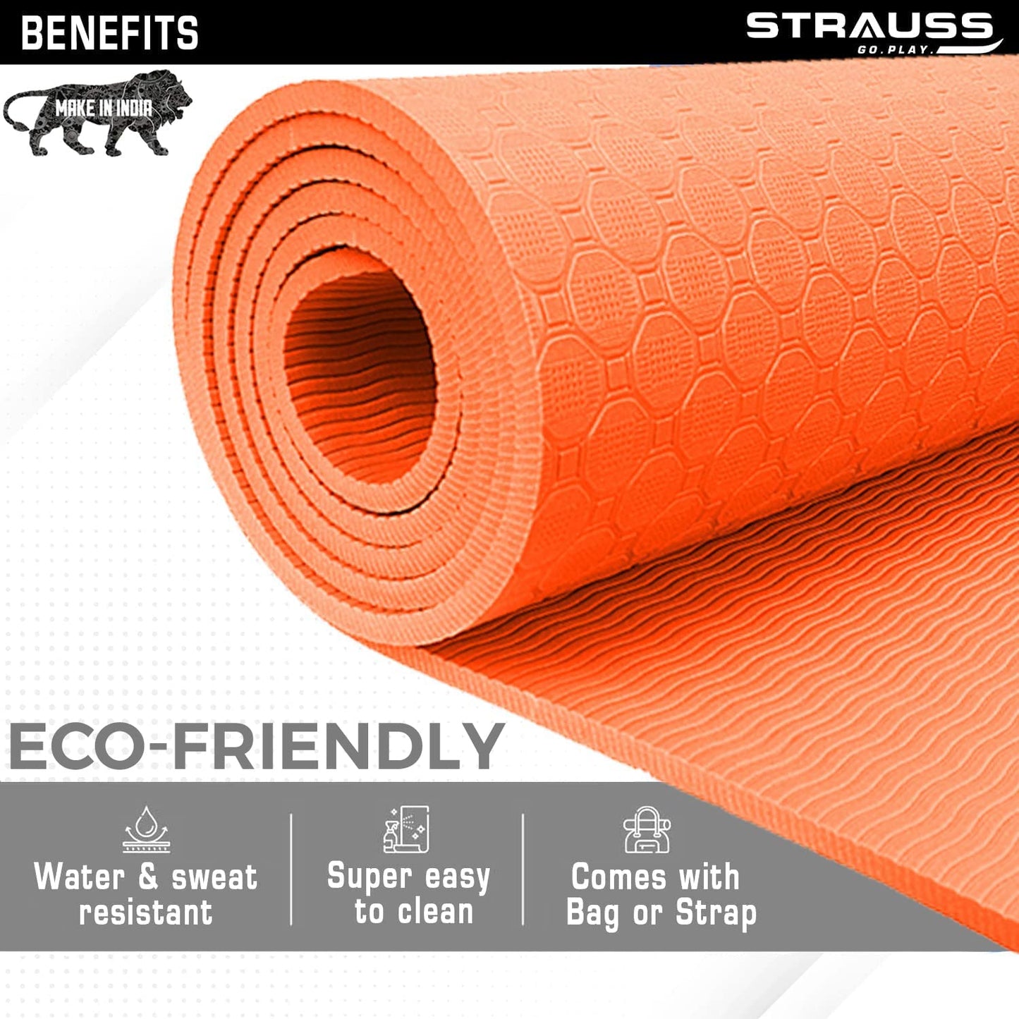 Strauss TPE Yoga Mat 6MM, Anti-Slip, with Carry Strap for Home Workout, Gym, Yoga. Suitable for Men, Women, Kids. Orange.