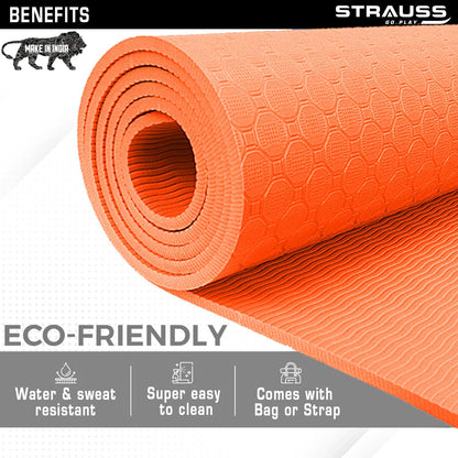 Strauss TPE Yoga Mat 6MM, Anti-Slip, with Carry Strap for Home Workout, Gym, Yoga. Suitable for Men, Women, Kids. Orange.