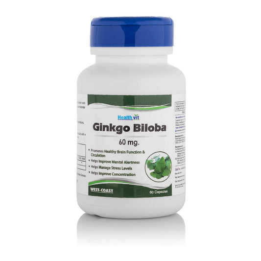 Healthvit Ginkgo Biloba 60mg For Healthy Brain Function  Manage Stress Levels  Improve Mental Alertness  Improve Concentration - 60 Capsules