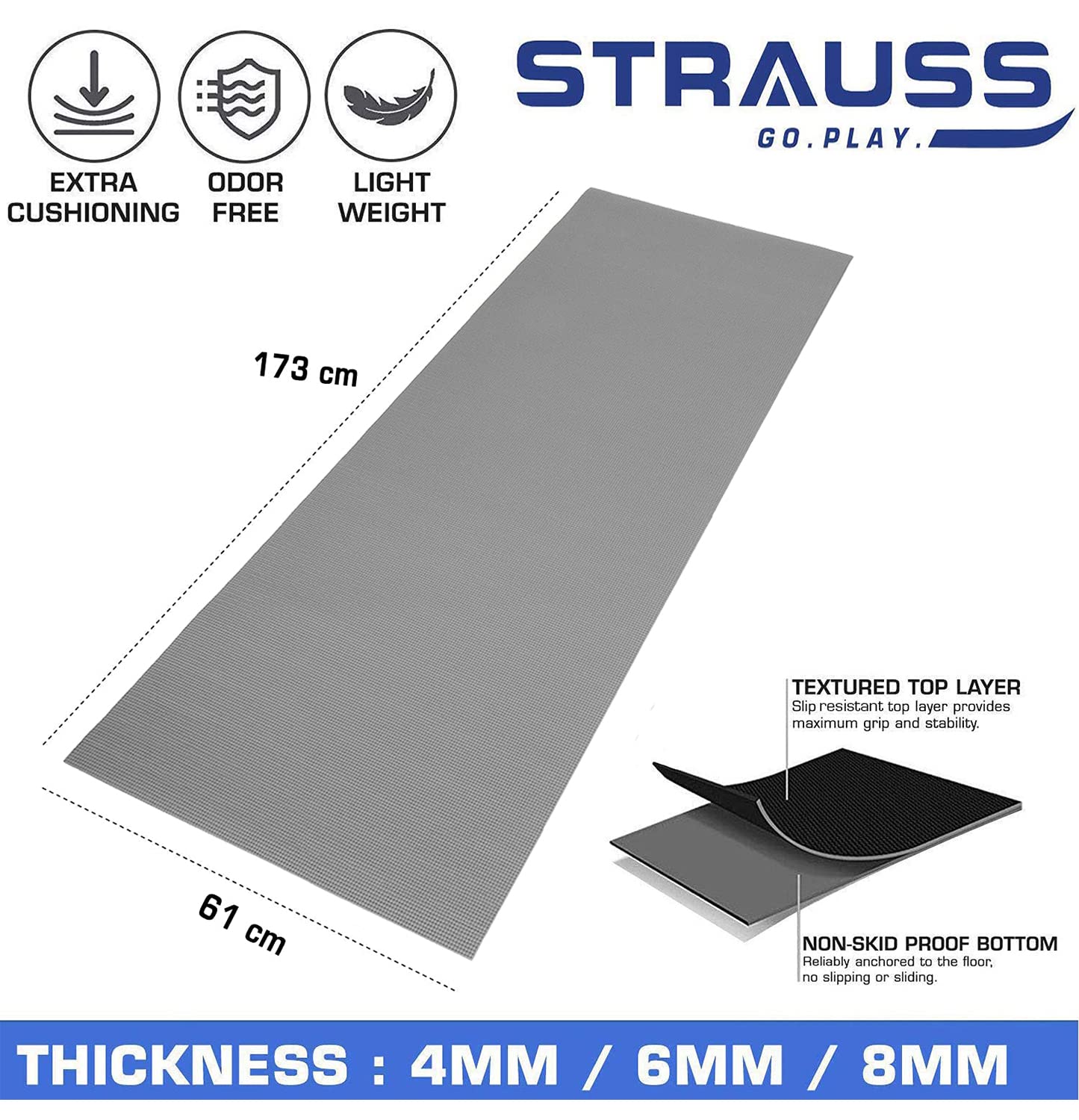 Strauss Eco-friendly Anti-Slip Yoga Mat with Carry Bag for Men & Women, Home Gym, Workout, Pilates, Floor Exercises. Sizes: 4mm, 6mm, 8mm. Grey.