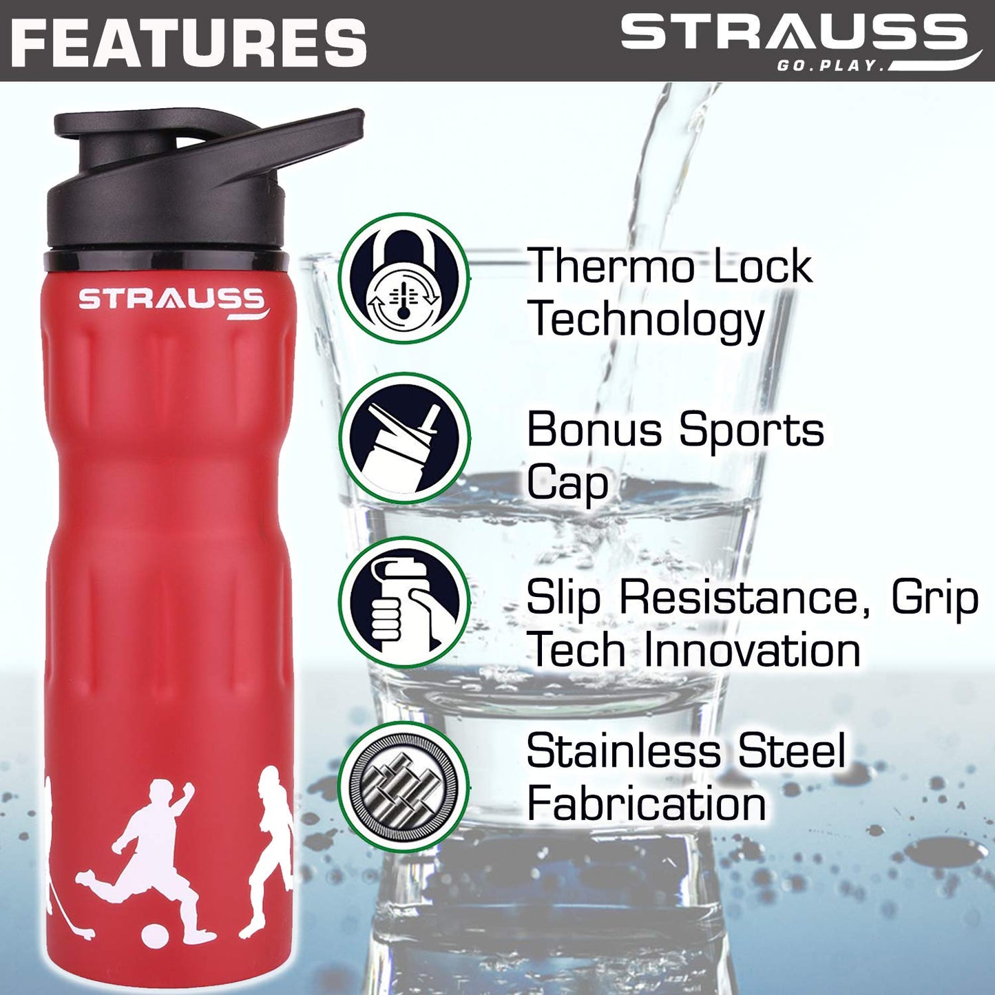 STRAUSS 750ML Stainless Steel Water Bottle, Leak Proof, Eco-Friendly, BPA-Free, for Gym, Home, Hiking, Trekking, Travel, Ideal for Kids, Red