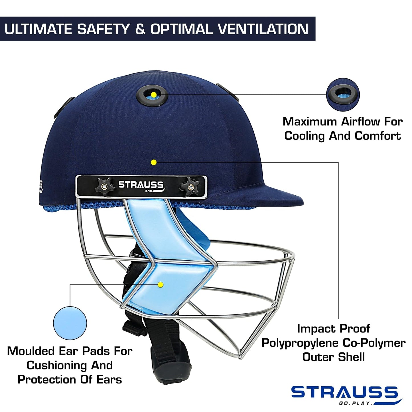 Strauss Cricket Helmet, Steel Grill, Medium, Age 15+, Blue, Lightweight, Advanced Protection, for Men & Women, Leather Ball