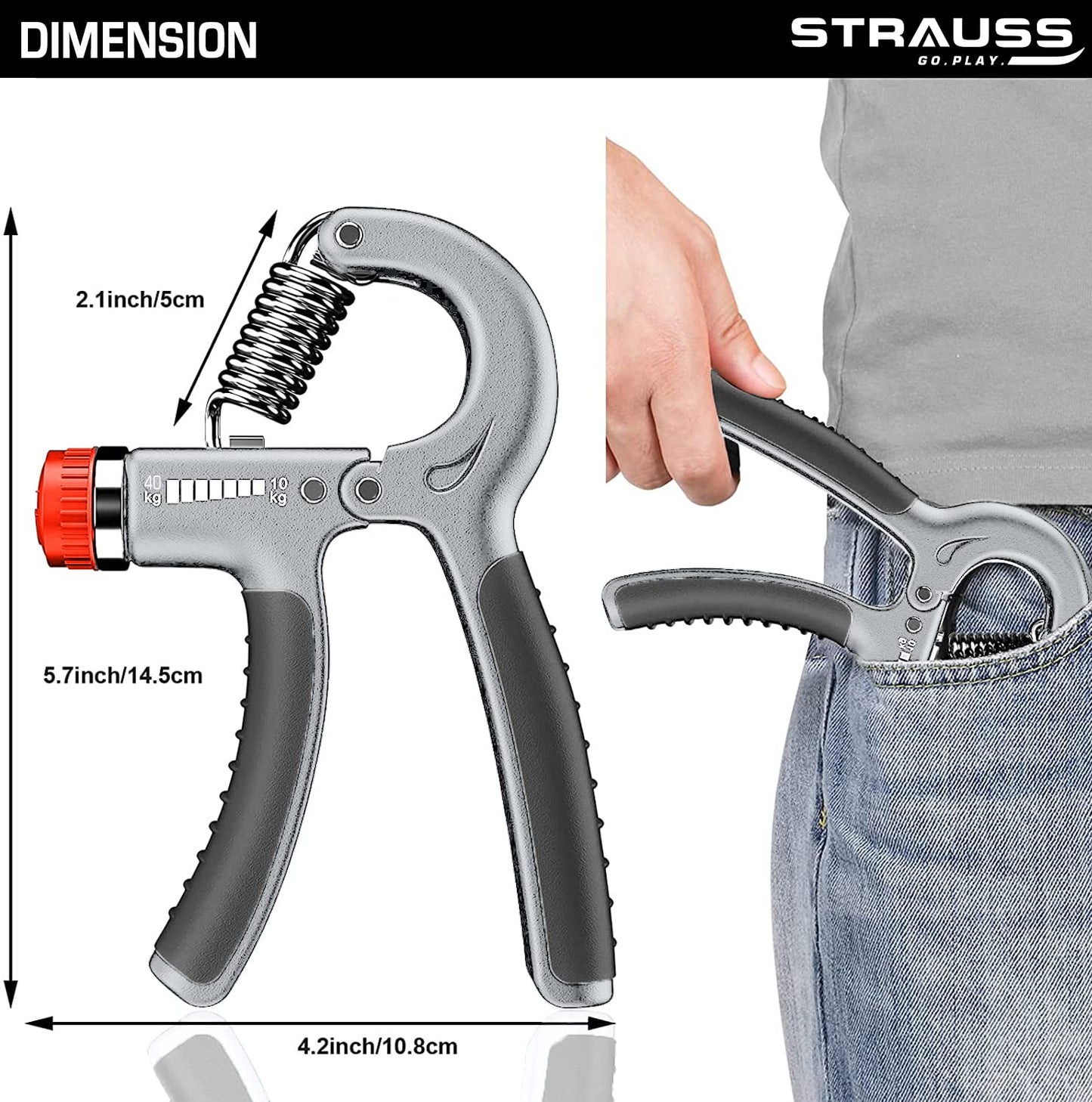 Strauss Adjustable Hand Grip 10KG-40KG for Home Gym Workouts, Perfect for Finger, Forearm, Hand Exercises for Men & Women, Black/Grey