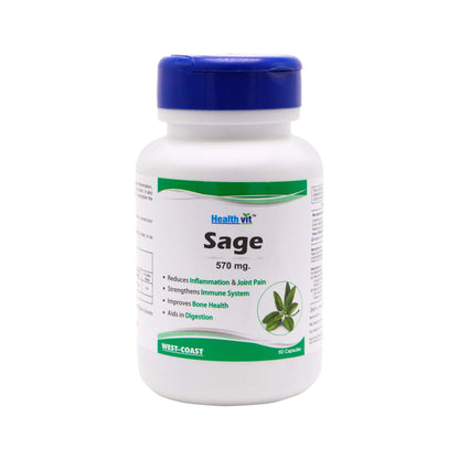 Healthvit Sage 570mg: Improves bone health, reduces inflammation/joint pain, strengthens immune system, supports brain/memory, 60 vegan capsules.