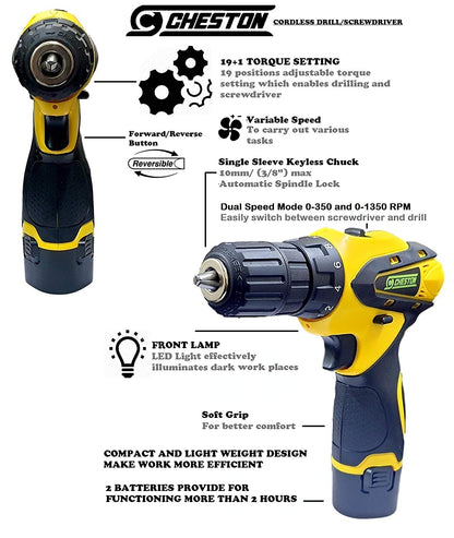 Cheston 10 mm Dual Speed Keyless Chuck 12V Cordless DrillScrewdriver with LED Torch Variable Speed. rpm 0-350 1350