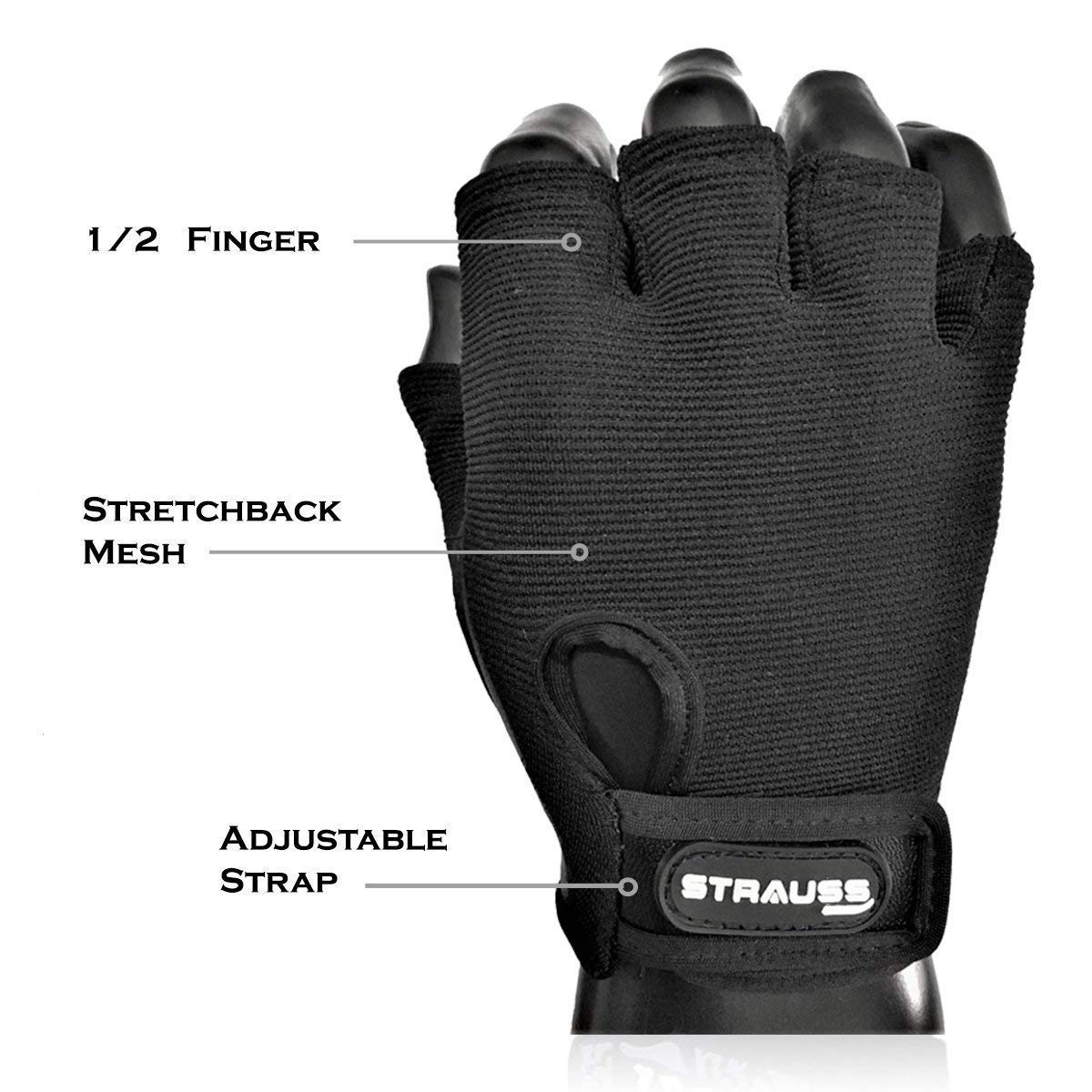 STRAUSS Stretch-Back Gym Gloves with Leather Palm Medium